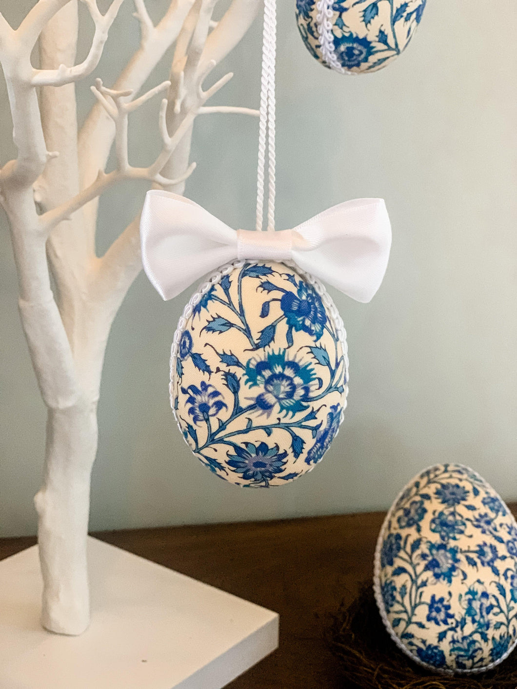 Easter Decorations - White Bow Dutch Delft Blue Egg Bauble - A Bauble Affair
