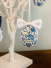 Load image into Gallery viewer, Easter Decorations - White Bow Dutch Delft Blue Egg Bauble - A Bauble Affair
